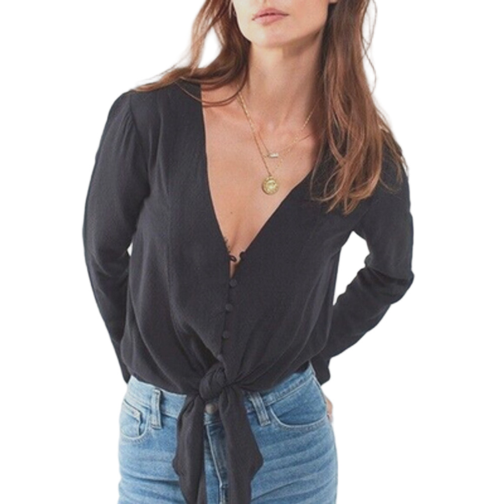 Silence + Noise Top Sz XS Black Tie Waist Crop Button Up V-Neck Long Sleeve